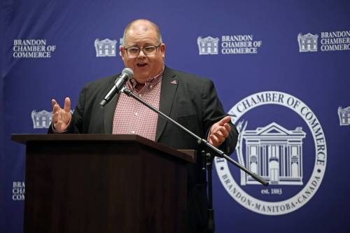 Tim Smith / The Brandon Sun
                                Mark Frison, President and CEO of Assiniboine College, speaks at the Brandon Chamber of Commerce luncheon in Brandon, Thursday.