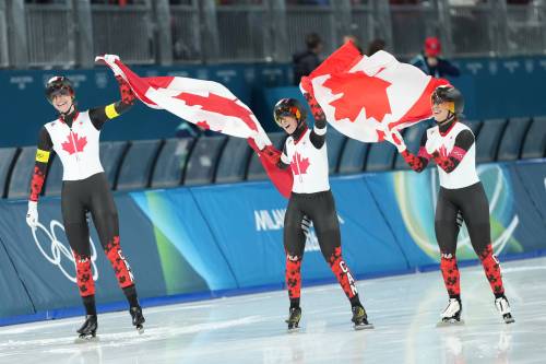 NATHAN DENETTE / THE CANADIAN PRESS
                                From left: speedskaters Isabelle Weidemann, Ivanie Blondin and Valérie Maltais. The trio repeated as back-to-back Olympic gold medallists in the women&rsquo;s team pursuit.