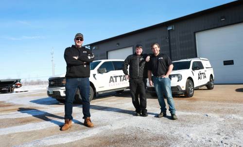 Ruth Bonneville / Free Press
                                ATTA Elevators branch operator Vince Levenec (from left), with maintenance mechanic Derrick Ouimet and account manager Leo Robertson, at the company&rsquo;s new location in East St. Paul on Friday. The full-service elevator and escalator company opened its local doors in 2024.