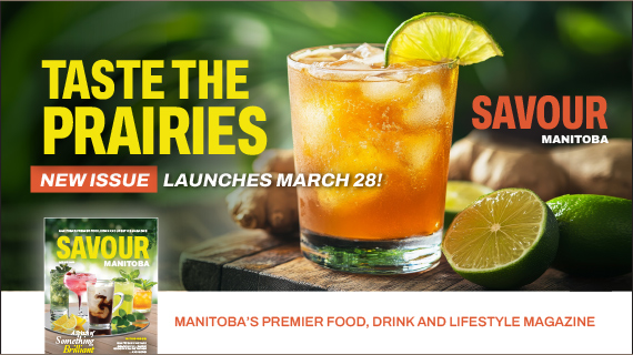 Iced drink with lime on a wooden surface's beside the Savour Manitoba magazine cover.