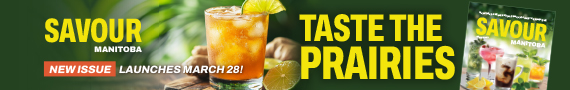 Iced drink with lime on a wooden surface's beside the Savour Manitoba magazine cover.