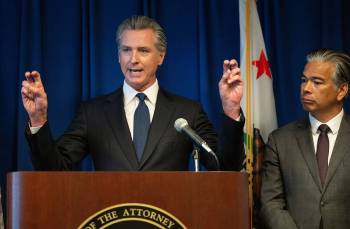 Tribune New Service
                                Gavin Newsom (left), seen speaking in 2024 as California attorney general Rob Bonta looks on, is considered a leading contender for the Democratic Party&rsquo;s 2028 nomination for president.