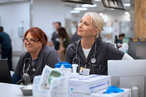 WARRICK PAGE / HBO Max
                                Charge nurse Dana Evans (Katherine LaNasa, right) suffers burnout in medical drama The Pitt.