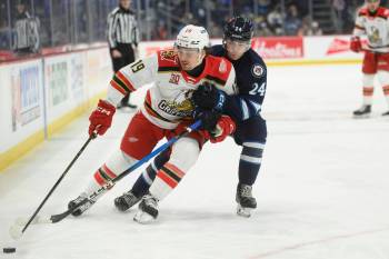 Mike Sudoma / FREE PRESS
                                Manitoba Moose forward Jacob Julien (right) battles for the puck with Grand Rapids Griffins&rsquo; John Leonard at Canada Life Centre on Friday. Julien scored his first professional goal for the Moose in the matinee clash.