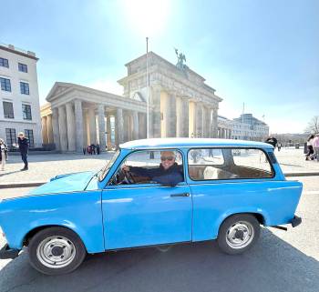 The Trabi Safari also rolls by one of Berlin&rsquo;s other famous landmarks &mdash; the Brandenburg Gate.