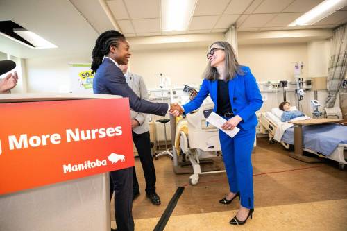 MIKAELA MACKENZIE / FREE PRESS
                                Health minister Uzoma Asagwara (left) and Sophie Bouffard, president of Université de Saint‑Boniface, at the news conference Wednesday.