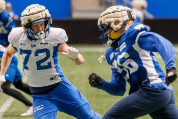 MIKE DEAL / FREE PRESS
                                Wide receiver Christian Fredericksen (left) said training camp with the Winnipeg Blue Bombers is &lsquo;like a dream come true.&rsquo;