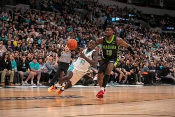 BROOK JONES / FREE PRESS
                                Winnipeg Sea Bears guard Nathan Bilamu (left) drives against Niagara River Lions forward Nathan Cayo.