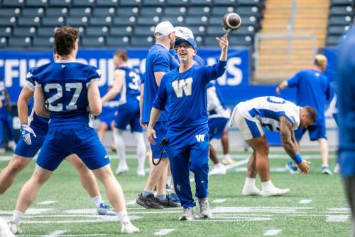MIKAELA MACKENZIE / FREE PRESS
                                New offensive co-ordinator Tommy Condell during Winnipeg Blue Bombers practice at Princess Auto Stadium, Tuesday.