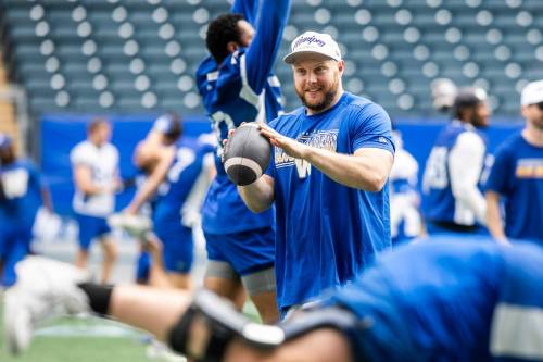 MIKAELA MACKENZIE / FREE PRESS
                                Winnipeg Blue Bombers defensive line coach Jake Thomas is enjoying his new role with the organization after spending the past 13 seasons as a hard-nosed lineman with the club.