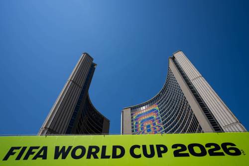 Arlyn McAdorey / THE CANADIAN PRESS
                                FIFA World Cup 2026 branding is displayed on city hall during a men&rsquo;s World Cup trophy tour event at Nathan Phillips Square in Toronto.