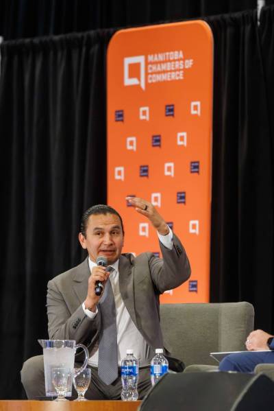 MIKE DEAL / FREE PRESS
                                Premier Wab Kinew speaks to business leaders at a Manitoba Chambers of Commerce event in Winnipeg, Tuesday.