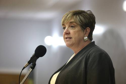 Transportation and Infrastructure Minister Lisa Naylor speaks to municipal leaders at the Legion Memorial Hall in Melita on Tuesday. Naylor gave an update on what infrastructure upgrades the province is making in the region before taking questions from local leaders. (Alex Lambert/The Brandon Sun)