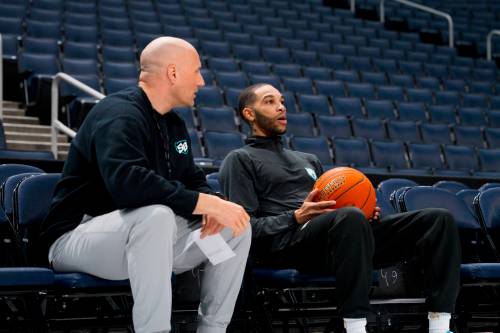 Riley Marra/ Winnipeg Sea Bears
                                Winnipeg Sea Bears head coach and GM Mike Raimbault (left) said that Xavier Moon (right) won&rsquo;t be making his debut on Thursday as the guard still has to be cleared to play by FIBA, the CEBL&rsquo;s governing body.