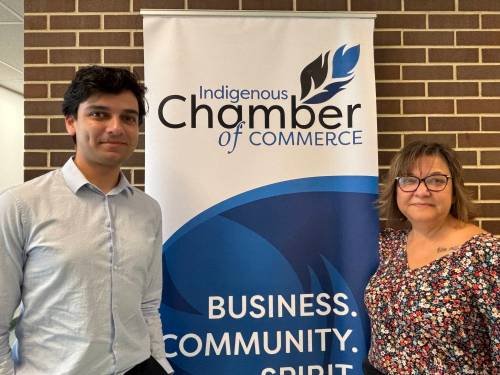 Aaron Epp / Free Press
                                Shelly Bulycz, right, the newly appointed CEO at the Indigenous Chamber of Commerce, with program manager Gabriel Louër after the organization&rsquo;s annual general meeting at Red River College Polytech&rsquo;s Notre Dame campus, Tuesday.