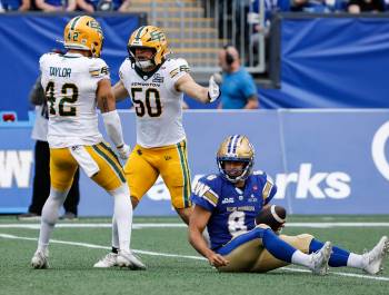 THE CANADIAN PRESS/John Woods
                                The Edmonton Elks&rsquo; Joel Dublanko and Noah Taylor celebrate sacking Winnipeg Blue Bombers quarterback Zach Collaros during the first half of the Elks 23-18 win in Winnipeg, Thursday.