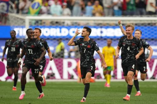 Andre Penner / Associated Press
                                Canada&rsquo;s Stephen Eustáquio celebrates scoring the winning goal against South Africa in a World Cup match in Los Angeles on Sunday, June 28