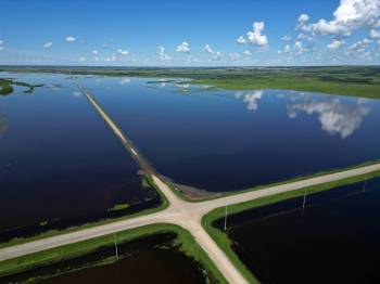 25062026 Flood waters from the swollen Assiniboine River cover farmland and submerge portions of a grid road bisecting Highway 250 north of Alexander on Thursday. (Tim Smith/The Brandon Sun)default
