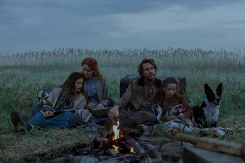 Eric Zachanowich / Netflix
                                The new Little House on the Prairie features (from left) Skywalker Hughes as Mary Ingalls, Crosby Fitzgerald as Caroline Ingalls, Luke Bracey as Charles Ingalls, and Alice Halsey as Laura Ingalls.
