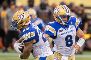 Nick Iwanyshyn / The Canadian Press
                                Winnipeg Blue Bombers quarterback Zach Collaros (right) is on the injury report with a neck issue and is listed as questionable for Friday&rsquo;s date with the visiting Toronto Argonauts.