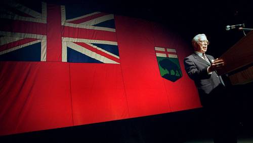 FILE
                                Former Manitoba premier Duff Roblin at a Tory fundraiser in Winnipeg, in June 1997, just months after the Red River floodway saved Winnipeg from flooding that spring.