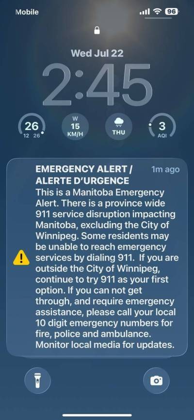 SUPPLIED
                                A capture of the alert sent Wednesday afternoon after a province-wide 911 service disruption.