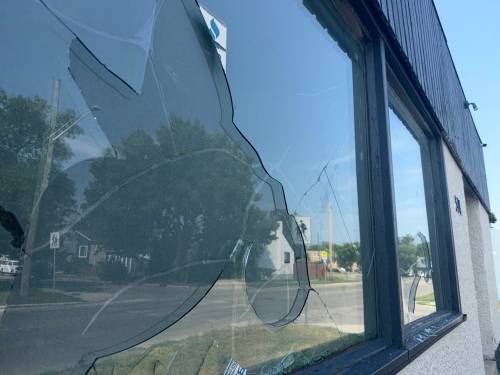 MORGAN MODJESKI / FREE PRESS
                                A bullet hole in a window at the Rahma Islamic Centre where it has been an estimated over $3,000 worth of property damage occurred on Wednesday.