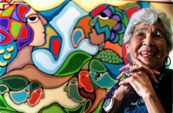 Daphne Odjig, an 82-year-old artist who has been compared to Pablo Picasso, in front of her 1991 painting Bond With The Earth. Below, her 1995 acrylic on canvas, Journey Into Time. Odjig is the subject of a new book. (CP PHOTO/ Toronto Star/ Randy Quan)