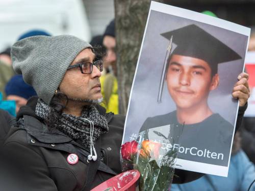 People take part in a vigil in support of Colten Boushie&rsquo;s family in February 2018, following the acquittal of Saskatchewan farmer Gerald Stanley on charges in connection with Boushie&rsquo;s death. (Ryan Remiorz / The Canadian Press files)