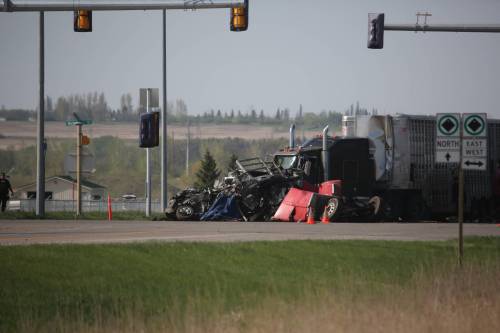 Alex Lambert / Brandon Sun files
                                The scene of the May 27 crash involving a Conquer 
Transportation truck that left one man dead.