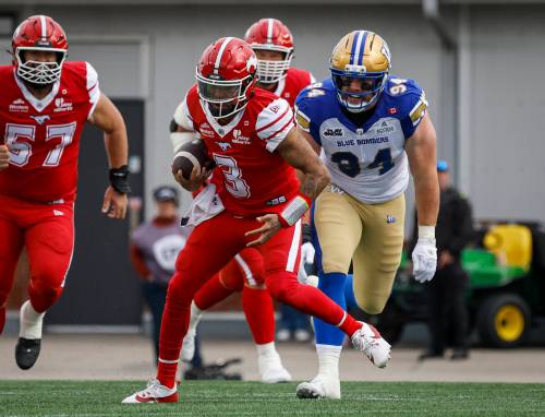 JEFF MCINTOSH / THE CANADIAN PRESS FILES
                                Winnipeg Blue Bombers defensive lineman Jake Ceresna (right), chasing Calgary Stampeders quarterback Vernon Adams Jr., is tied for the CFL lead in sacks.