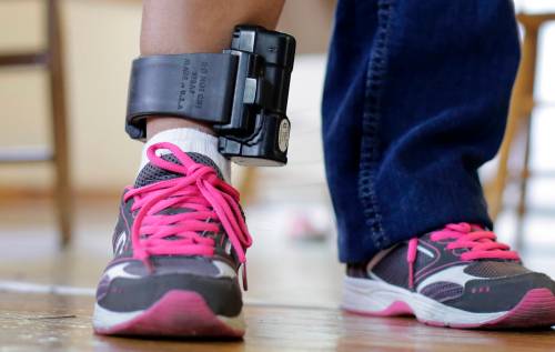 A person is seen wearing an ankle bracelet designed to monitor their location. (File)