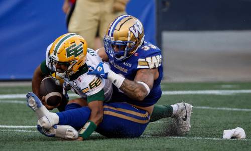John Woods / THE CANADIAN PRESS FILES
                                Winnipeg Blue Bombers linerbacker Tony Jones (right) sacks then Edmonton Elks quarterback Tre Ford last season. Jones knows Friday night&rsquo;s game in Commonwealth Stadium will be a much harder test than recent year&rsquo;s for Winnipeg.
