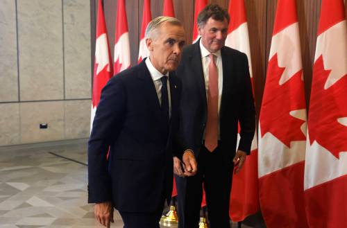 THE CANADIAN PRESS/Patrick Doyle
                                Prime Minister Mark Carney and Canada-U.S. Trade Minister Dominic LeBlanc leave a news conference about Canada&rsquo;s response to new U.S. tariffs on Parliament Hill in Ottawa on Aug. 22.