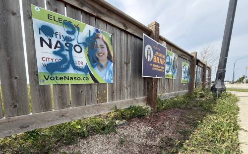 SCOTT BILLECK / FREE PRESS
                                Waverley West council candidate Nafiya Naso&rsquo;s signs are seen covered with spray paint on Saturday.