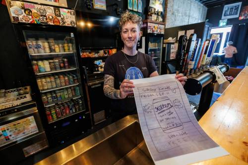 MIKE DEAL / FREE PRESS
                                Jenna Priestner, co-owner of Sidestage at 700 Osborne St., and a musician in Mobina Galore. Sidestage doesn&rsquo;t use AI, and a recent hand-drawn poster Priestner made for a karaoke event got a lot of buzz for its anti-AI caption on social media.