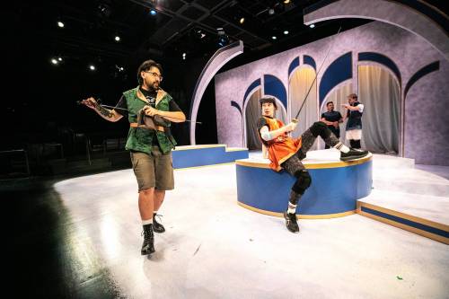 MIKAELA MACKENZIE / FREE PRESS
                                Alexander Ariate (left) and Gwendolyn Collins run through sword-fighting scenes for R+J: Closing Night.