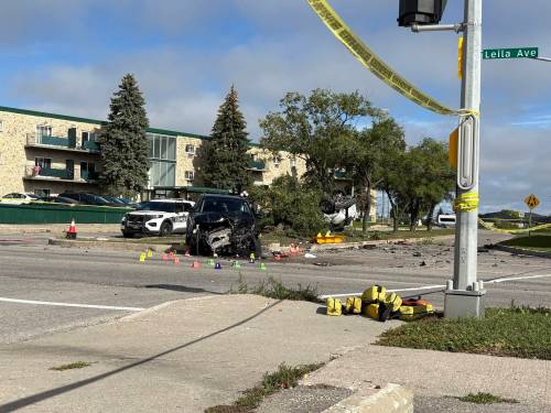 The scene of a collision between two vehicles at an intersection near Leila Avenue and McGregor Street on Sunday morning. (Nicole Buffie / Free Press)