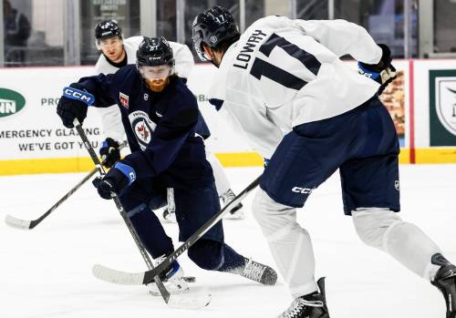 JOHN WOODS / FREE PRESS
                                Winnipeg Jets power-play unit stalwart Kyle Connor (left) was involved in the penalty kill skate on Thursday, suggesting the forward could see some double duty at times this season depending on the circumstances.