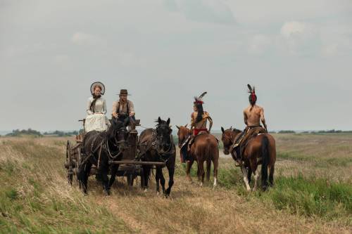 Eric Zachanowich / Netflix
                                Crosby Fitzgerald, from left, Luke Bracey, Corvin Mack, and Xander Cole as Little Puma in Netflix&rsquo;s Manitoba-shot Little House on the Prairie.