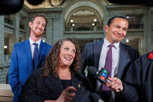 MIKE DEAL / FREE PRESS
                                Premier Wab Kinew and newly minted ministers responsible for first responder initiatives, David Pankratz, and accessibility, Carla Compton, meet with the media.