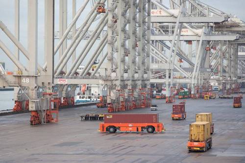 Automated guided vehicles operate at the Port of Rotterdam in the Netherlands. (Jasper Juinen/Bloomberg)