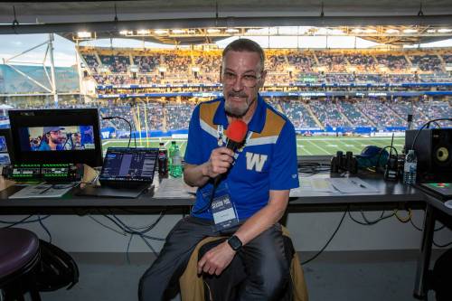 Photo by BROOK JONES / FREE PRESS
                                The familiar game-day voice of the Winnipeg Blue Bombers, Bob McGregor, is celebrating his 300th game behind the mic this weekend.