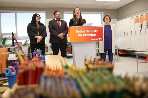 Tim Smith/The Brandon Sun
                                Education and Early Childhood Learning Minister Tracy Schmidt speaks at the opening of the expansion to Maryland Park School in Brandon, Friday. The expansion increases the school&rsquo;s capacity to 900 students and adds 14 new classrooms.