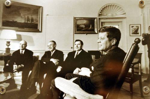 The Associated Press files
                                U.S. President John F. Kennedy (right) meets with Soviet officials in the Oval Office in October 1962, during the Cuban missile crisis. When the crisis was defused, a Canadian diplomat passed intelligence to the U.S.
