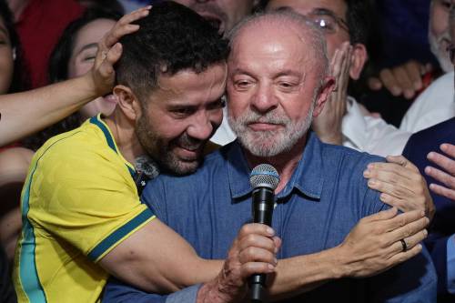 The Associated Press / Andre Penner
                                Brazilian lawmaker Andre Janones embraces President Luiz Inácio (Lula) da Silva as he delivers a victory speech after winning a fourth term in the presidential runoff in Brazil on Sunday, Oct. 25, 2026.