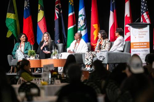 MIKAELA MACKENZIE / FREE PRESS
                                From left: Alejandra Jelvez Oyarzun, Michelle Cameron, Nicola Shirley-Phillips, Kristal Kinsela and moderator Rachel Petero during a panel discussion the RBC Convention Centre on Tuesday.