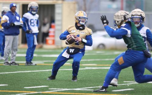 (Ruth Bonneville / Free Press)
                                Winnipeg Blue Bombers backup pivot Dru Brown (centre) took the main reps at Tuesday&rsquo;s practice. The quarterback went a perfect 11-for-11 for 185 yards and two touchdowns in just over a quarter of action against B.C. last Friday.