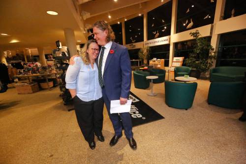 Matt Goerzen/The Brandon Sun
                                Re-elected Brandon mayor Jeff Fawcett hugs his wife Jodi Fawcett moments before making his victory speech at his election watch party in Brandon Wednesday evening.
