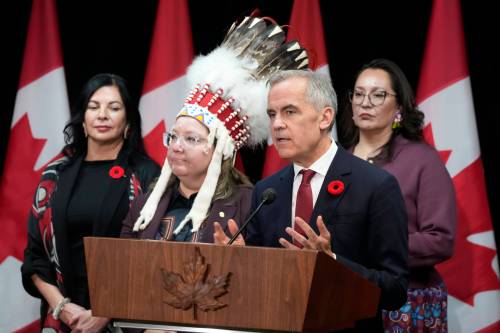 ADRIAN WYLD / THE CANADIAN PRESS FILES
                                Minister of Northern and Arctic Affairs Rebecca Chartrand, left to right, AFN National Chief Cindy Woodhouse Nepinak and Indigenous Services Minister Mandy Gull-Masty look on as Prime Minister Mark Carney speaks with media following the First Nations and First Ministers&rsquo; meeting in Ottawa on Monday.